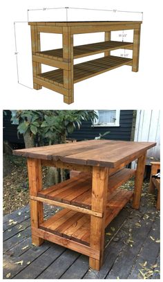 the plans for an outdoor kitchen island are shown in two different views, one is made out of wood