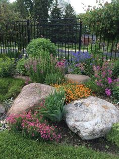 a garden with rocks and flowers in the foreground, surrounded by a black fence