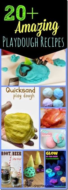 the cover of 20 amazing playdough recipes with pictures of different colored doughs