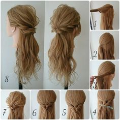 Translation: Half-up arrangement 1. take the top so much. 2. This tie much of it at. 3. side hair weave rope. 4. so at the back should be kept. 5. Similarly to the opposite side and tie at the back. 6. position top of rubber and damp. 7. loosen the top and weave. 8. completed after slipping below the hair. Hairstyle For Prom, Sanggul Modern, Hair Arrange, Lucy Hale, Mid Length Hair, Model Hair