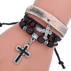 Style: Europe and America Material: Leather Fashion Element: Retro Adjustable Cross Jewelry With Wooden Beads, Adjustable Wooden Beads Cross Jewelry, Casual Leather Jewelry For Festivals, Retro Accessories, Beaded Cross, Jewelry Personalized, Simple Bracelets, Cross Bracelet, Bead Stringing