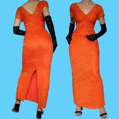 🌹Orange lace layered stretch bodycon evening dress with short sleeves, adjustable straps underneath the lace sleeves & a zip up the back UK 10🌹 Condition: No faults or marks ✔️ Size: UK 10 - stretch fabric  Measurements: Waist 27 inches, Bust 33 inches & Hips 38 inches  Length: Maxi (floor length on the 5'8 model)  Label: Bernshaw  Model size: 10 Model height: 5'8 🌹any questions please do not hesitate to ask🌹 🌹these are vintage items so are in a used condition and may have loose stitching or marks however all noticeable flaws will be shown 🌺 🌹no returns🌹 Evening Dresses Uk, Bodycon Evening Dress, Dress With Shawl, Evening Dresses With Sleeves, Lace Layers, Dress With Short Sleeves, Lace Short, Long Sleeve Midi Dress, Orange Dress