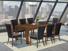 a dining room table surrounded by black chairs in front of large windows with city view