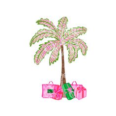 a palm tree with presents wrapped in pink and green wrapping under it on a white background