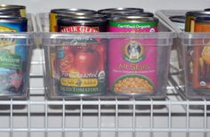 canned food items are stored in plastic containers