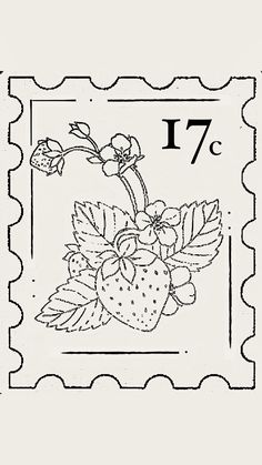 a stamp with an image of strawberries and flowers on it's back side