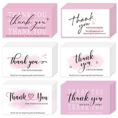 six thank cards with pink watercolor paint and handwritten lettering on the front, one in