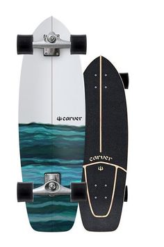 a skateboard with the words carver written on it and an image of waves behind it