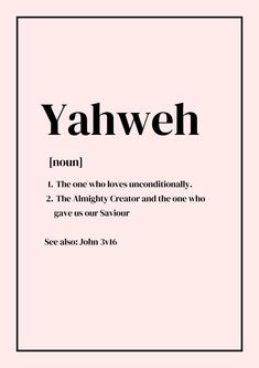 the front cover of yahweh, with black and white text on pink background