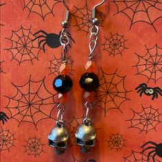 Fun Handmade (By Me) Halloween Skull Earrings. Approximately 2 3/4” In Length From Bottom To Top Of Findings. Czech Glass Beads. Edgy Handmade Halloween Earrings, Edgy Handmade Earrings For Halloween, Gothic Skull Earrings For Halloween, Black Skull Earrings For Parties, Black Gothic Earrings With Skull Print, Halloween Skull Print Earrings, Red Halloween Earrings, Novelty Black Skull Earrings, Skull Earrings