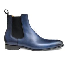 Men Blue Chelsea Pull On Genuine Leather Boots Formal Blue Plain Toe Boots, Blue Plain Toe Boots For Formal Occasions, Classic Blue Business Boots, Classic Blue Boots For Business, Classic Blue Plain Toe Boots, Formal Blue Leather Boots, Elegant Blue Boots With Leather Sole, Classic Blue Boots With Leather Sole, Blue Ankle-high Boots With Rubber Sole