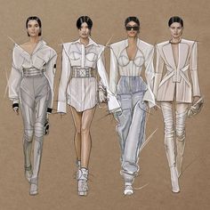 three models are walking down the runway in white outfits and high waisted pants, with one wearing sunglasses on her head