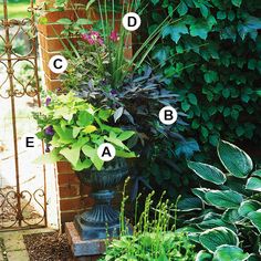 a tall planter filled with lots of green plants next to a brick wall and gate