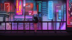 a woman standing in front of a window with neon lights on the cityscape