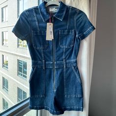 Nwt A&O Denim Romper Size 25 Sold Out In Stores Spring Utility Fitted Jeans, Summer Utility Fitted Jeans, Fitted Utility Jeans For Summer, Fitted Cotton Denim Jumpsuit, Casual Short-length Cotton Denim Jumpsuit, Non-stretch Blue Denim Jumpsuits And Rompers, Denim Button-up Jumpsuits And Rompers With Pockets, Denim Blue Cotton Button-up Jumpsuits And Rompers, Forever 21 Blue Denim Shorts