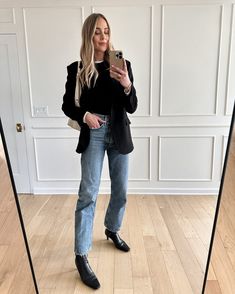 Fashion Jackson Wearing MAYSON the label black boyfriend blazer, black sweater, agolde jeans, toteme black booties, black blazer and jeans outfit, casual workwear outfit for women, black blazer outfit inspo, Black Velvet Blazer Outfit, Black Booties Outfit, Velvet Blazer Outfit