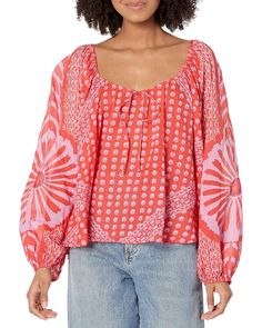 Free People Elena Printed | Zappos.com Scoop Neck Blouse, Scoop Neck Blouses, Fiery Red, Long Puff Sleeves, Puffed Sleeves, Fashion Tops, Sleeve Cotton, Free People Tops, Print Tops