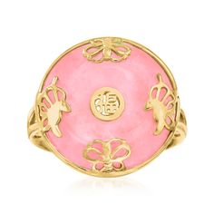 Ross-Simons - Pink Jade "Good Fortune" Butterfly Ring Over Sterling. Size 7. Fresh color and meaningful cultural symbols come together on this elegant ring. An 18mm carved pink jade round is adorned with butterflies surrounding the Chinese symbol for "good fortune" in polished 18kt yellow gold over sterling silver. 3/4" wide. Pink jade ring. Fine Jewelry Butterfly Ring With Gemstone, Elegant Pink Butterfly Ring, Gold Ring Price, Essential Jewelry, Jewelry Presentation, Pink Jade, Jewelry Styles, Fresh Color, Butterfly Ring