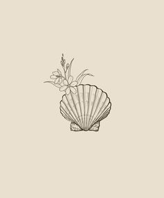 a drawing of a shell with flowers in it