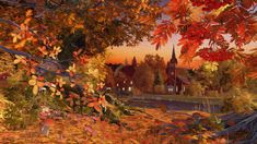 an oil painting of autumn trees and buildings in the background with leaves on the ground