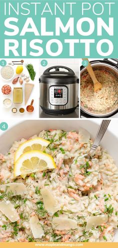 the instant pot salmon risotto recipe is shown in this collage with text overlay