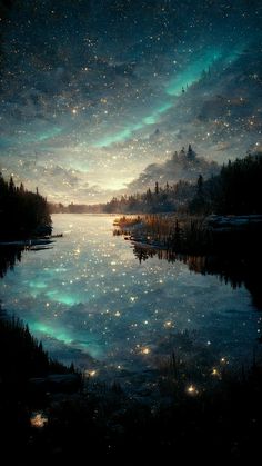 Sky full of stars at the lake Wallpaper Estetika, Sky Full Of Stars, Foto Tips, Pretty Landscapes, Beautiful Landscape Wallpaper, Fantasy Art Landscapes, The Night Sky, Dreamy Art, Jolie Photo