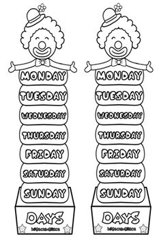 two clowns with days of the week coloring pages