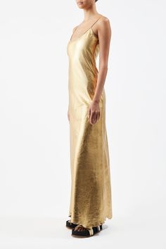 Teles Slip Dress in Leather – Gabriela Hearst Luxury Sheath Evening Dress, Luxury Gold Maxi Dress For Cocktail, Luxury Leather Dresses For Formal Occasions, Sleek Gold Evening Dress, Chic Leather Formal Dresses, Elegant Leather Cocktail Dress, Chic Leather Evening Dresses, Elegant Leather Dress For Night Out, Fitted Leather Cocktail Dress