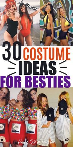 the cover of 30 costume ideas for besties is featured in this collage with images of women wearing costumes