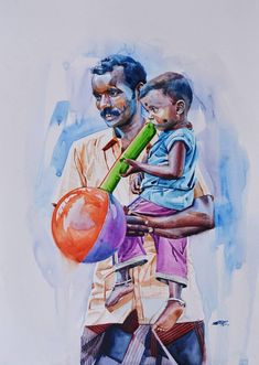 a painting of a man holding a child with an orange balloon in his hand and another person standing next to him