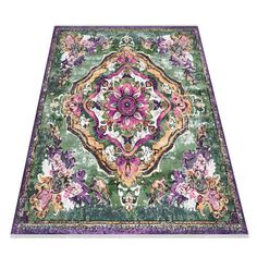 a green rug with purple flowers on the bottom and an ornate design in the middle