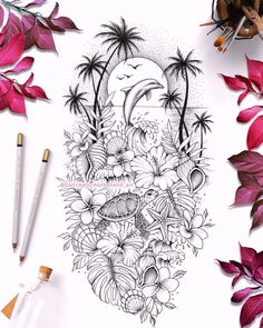 an ink drawing with flowers and leaves on the table next to markers, pens and pencils