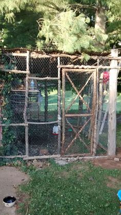 a fenced in area with a blue fire hydrant next to it and trees