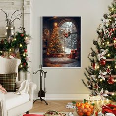 a christmas tree in a living room decorated for the holidays