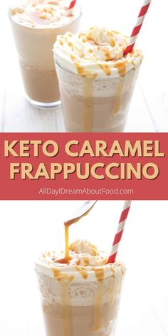 keto caramel frappuccino in two glasses with straws on top