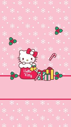 the hello kitty wallpaper is pink and has candy canes on it's side