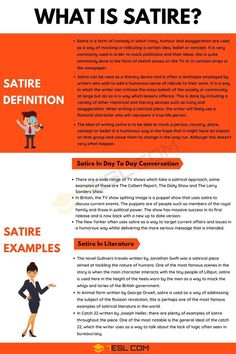 an orange and black poster with the words what is satire?