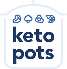 the keto pots logo is shown in blue and white, with different foods on it