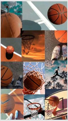 many different pictures of basketballs and the sky