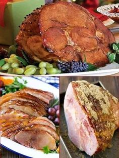 several different pictures of food including ham, grapes and bread