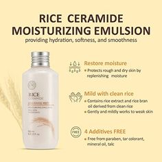 A gentle emulsion made with rice extract to brighten the skin and vegetable ceramide that adds a protective barrier on the face. The emulsion will seep deep into the layers of skin and reduce the appearance of dark spots. After using the toner and serum, take an appropriate amount of emulsion and lightly dab it on the face. Combo Skin, Moisturizing Toner, The Face Shop, Face Lotion, Natural Moisturizer, Best Moisturizer, Toner For Face