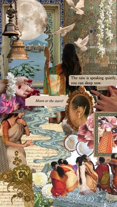 the collage has many different pictures and words on it, including one woman with flowers in her hair