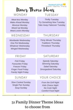 the meal planner for dinner is shown in purple and white, with text that reads family dinner