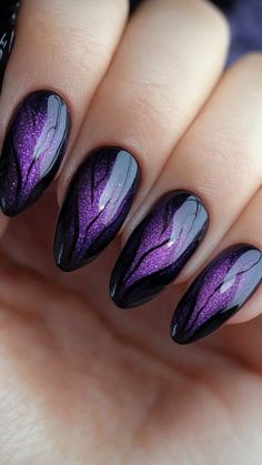 Fashion: #fashion, #style, #outfitinspiration, #beauty Purple And Silver Halloween Nails, October Nails Halloween Purple, Multi Color Halloween Nails, Black And Purple Cat Eye Nails, Purple Engagement Nails, Unique Purple Nails, Black And Purple Halloween Nail Designs, Purple Black Halloween Nails, Lavender Halloween Nails