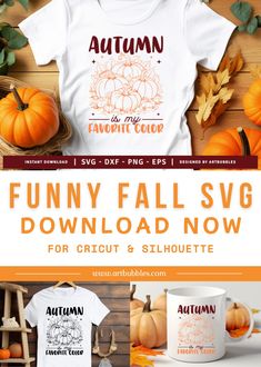 an autumn svg bundle with pumpkins, leaves and other items on the table