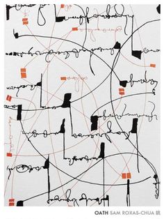 an abstract drawing with orange and black lines on white paper that reads,'oath sam kosas - chua