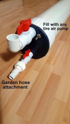 a garden hose attachment on the floor with text overlay that reads, fill with any tire air pump