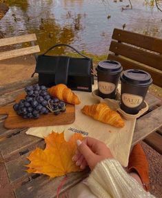 a person sitting at a picnic table with coffee, croissants and fruit