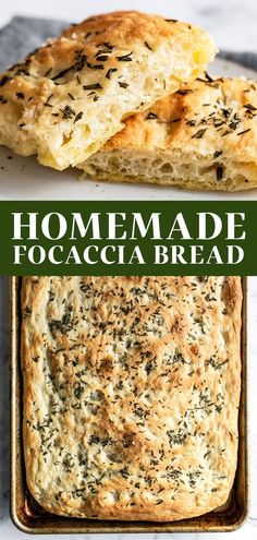 homemade focaccia bread in a baking pan with text overlay that reads homemade focaccia bread