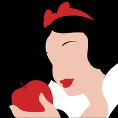 a woman holding an apple in her right hand and wearing a red bow on her head